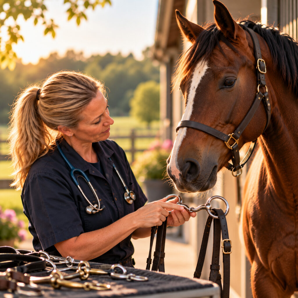 Veterinär visar ett hästbett vid rådgivning om bett och betsling
