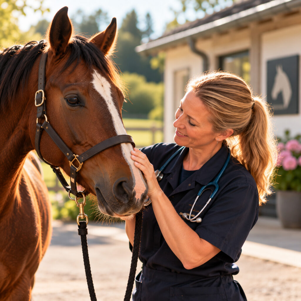 Veterinär kontrollerar hästens framtänder vid en tandundersökning