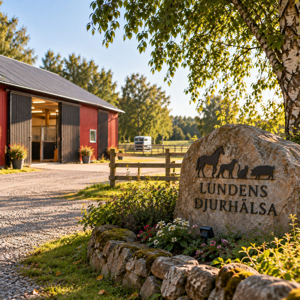Gårdsmiljö med röd stallbyggnad och skylt för Lundens Djurhälsa