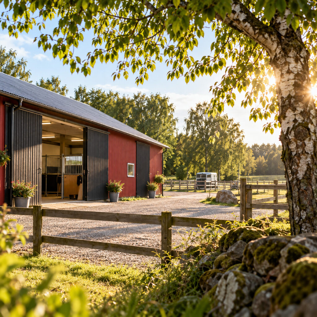 Lantlig gårdsmiljö med röd stallbyggnad och grusplan