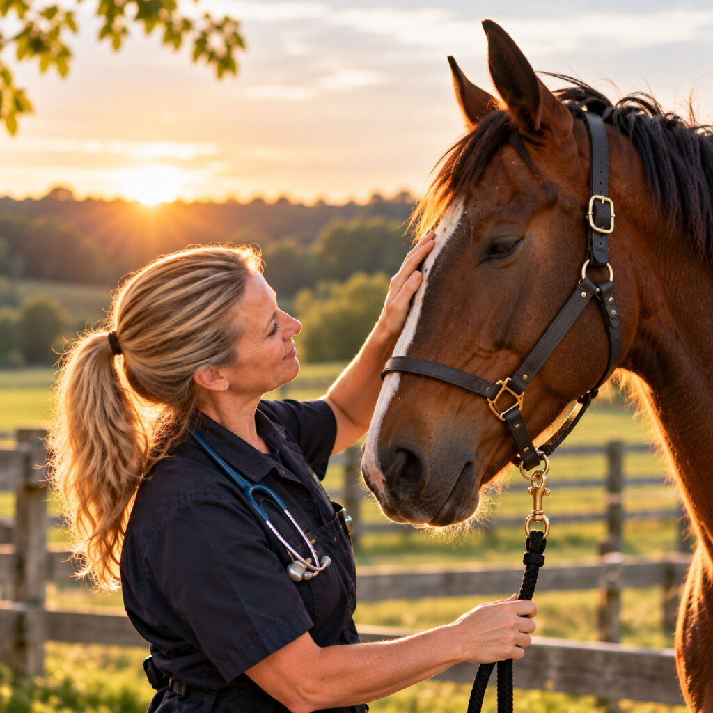Veterinär klappar en häst utanför en lantlig veterinärklinik