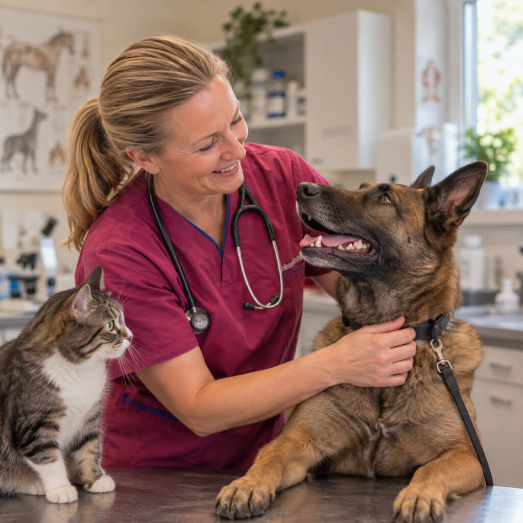 Veterinär undersöker hund och katt på klinik nära Falkenberg